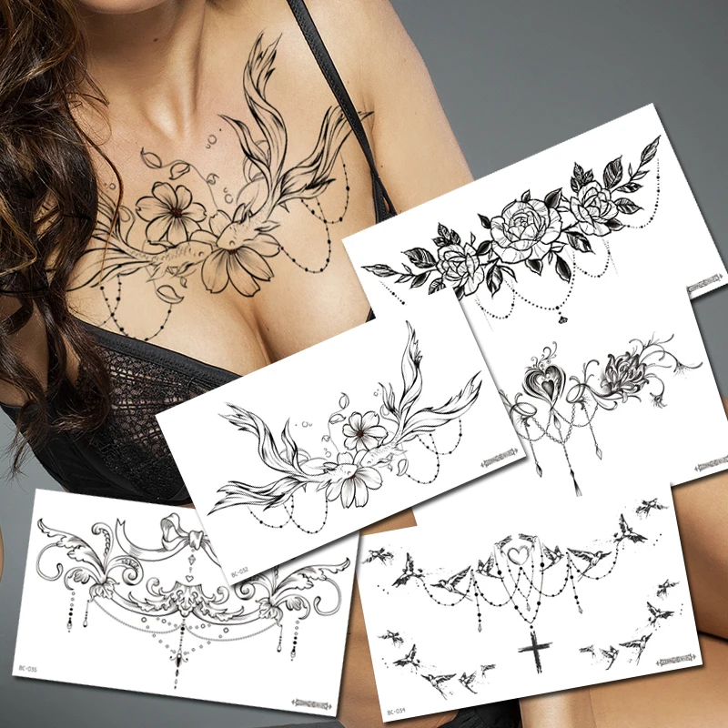 цветок кружева ювелирные изделия временная татуировка наклейка женская татуировка на груди мандала поддельная хна черная татуировка большое водонепроницаемое тело