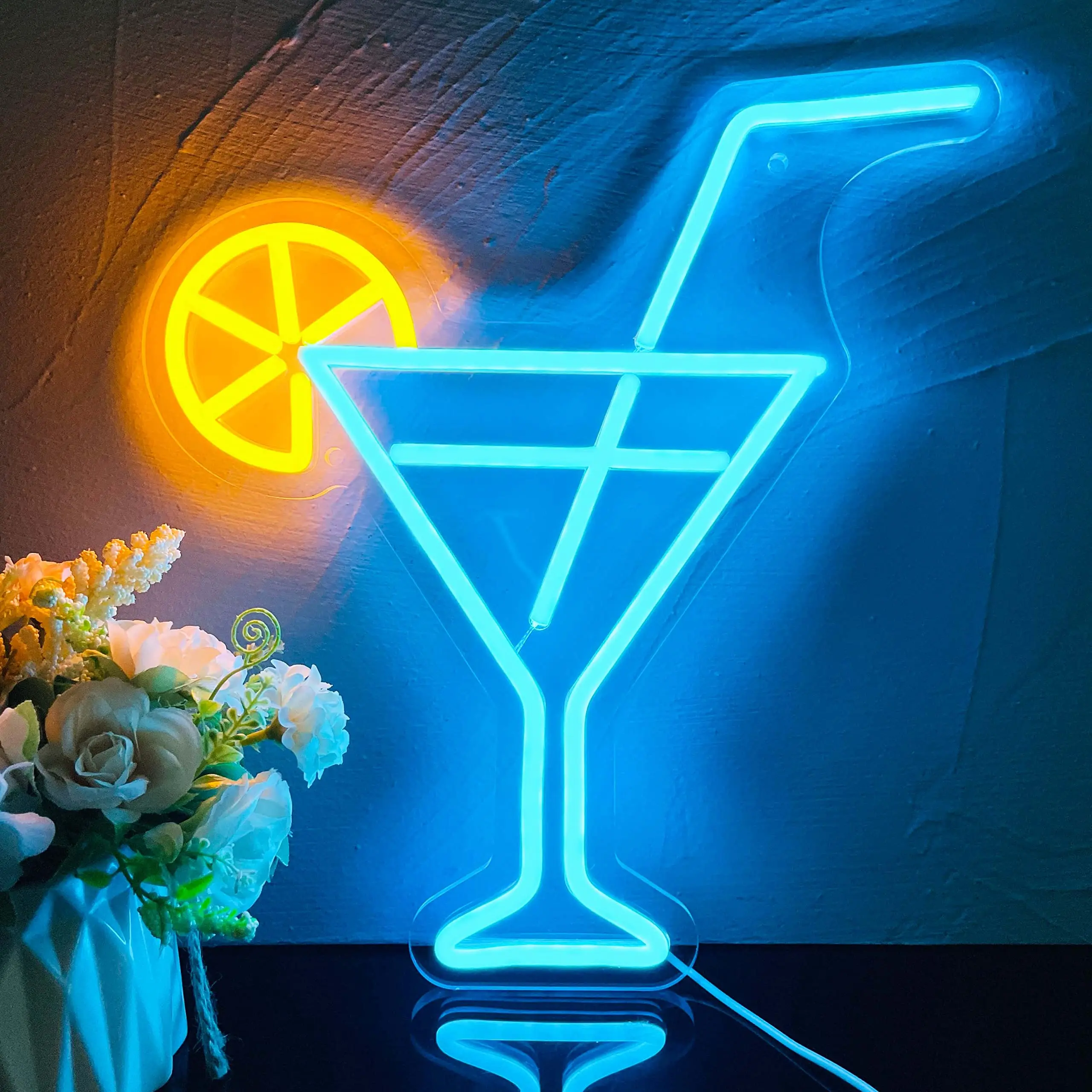 Чашка для коктейлей с лимонным неоновым светом, Неоновая вывеска бара, Неоновое украшение для коктейль-бара, Домашний бар, Мужской декор в пещере