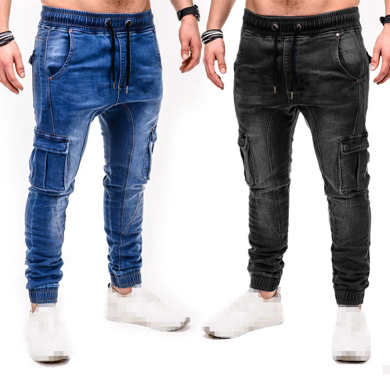 Черные обтягивающие джинсы, мужские брюки-карго, модные потертые джинсы со шнурком до середины талии, Мужские повседневные спортивные джинсовые брюки с несколькими карманами