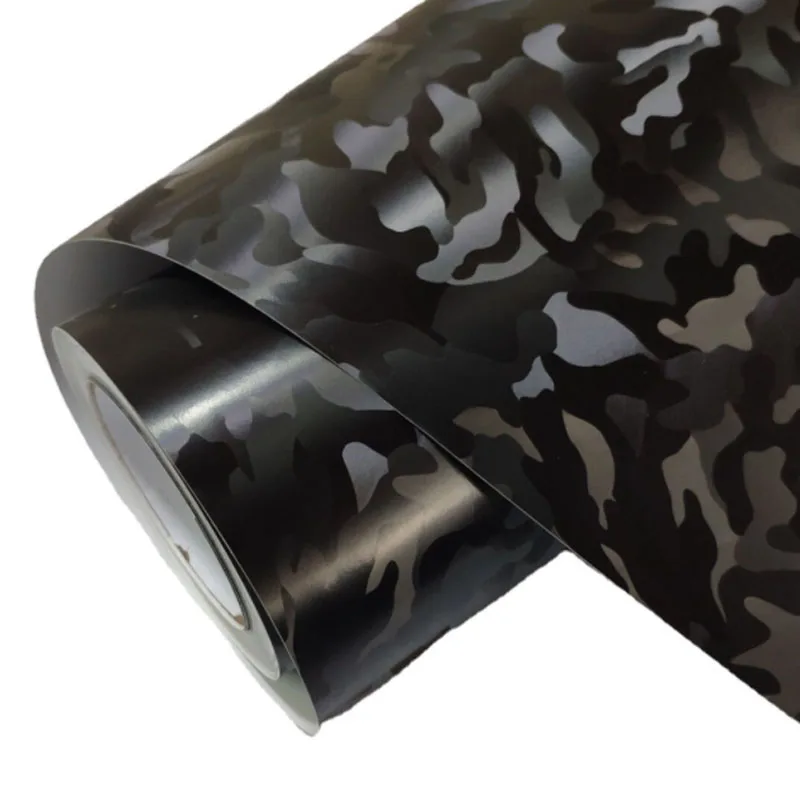 Черный стелс-камуфляжный виниловый рулон с воздушным выпуском, самоклеящаяся наклейка, автомобильная упаковка