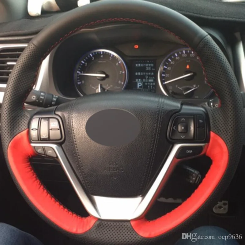 Чехол на руль автомобиля из натуральной кожи, сшитый вручную, черный, красный, для Toyota Highlander 2015-2017