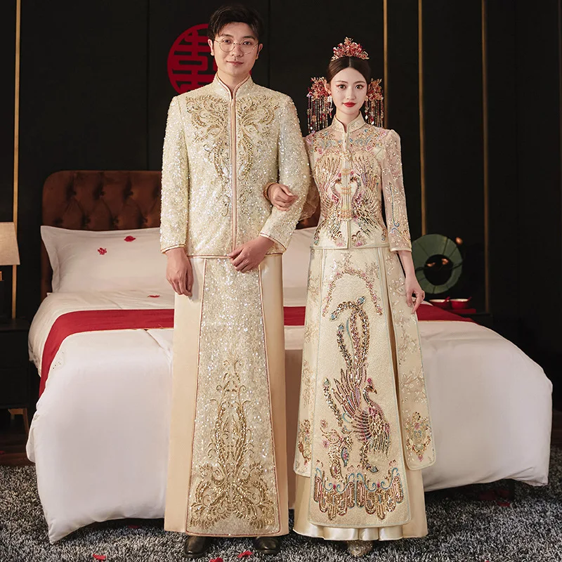 Шампанское Китайское Изысканное Свадебное платье с вышивкой бисером, Элегантный воротник-стойка, Женский Мужской Свадебный Чонсам