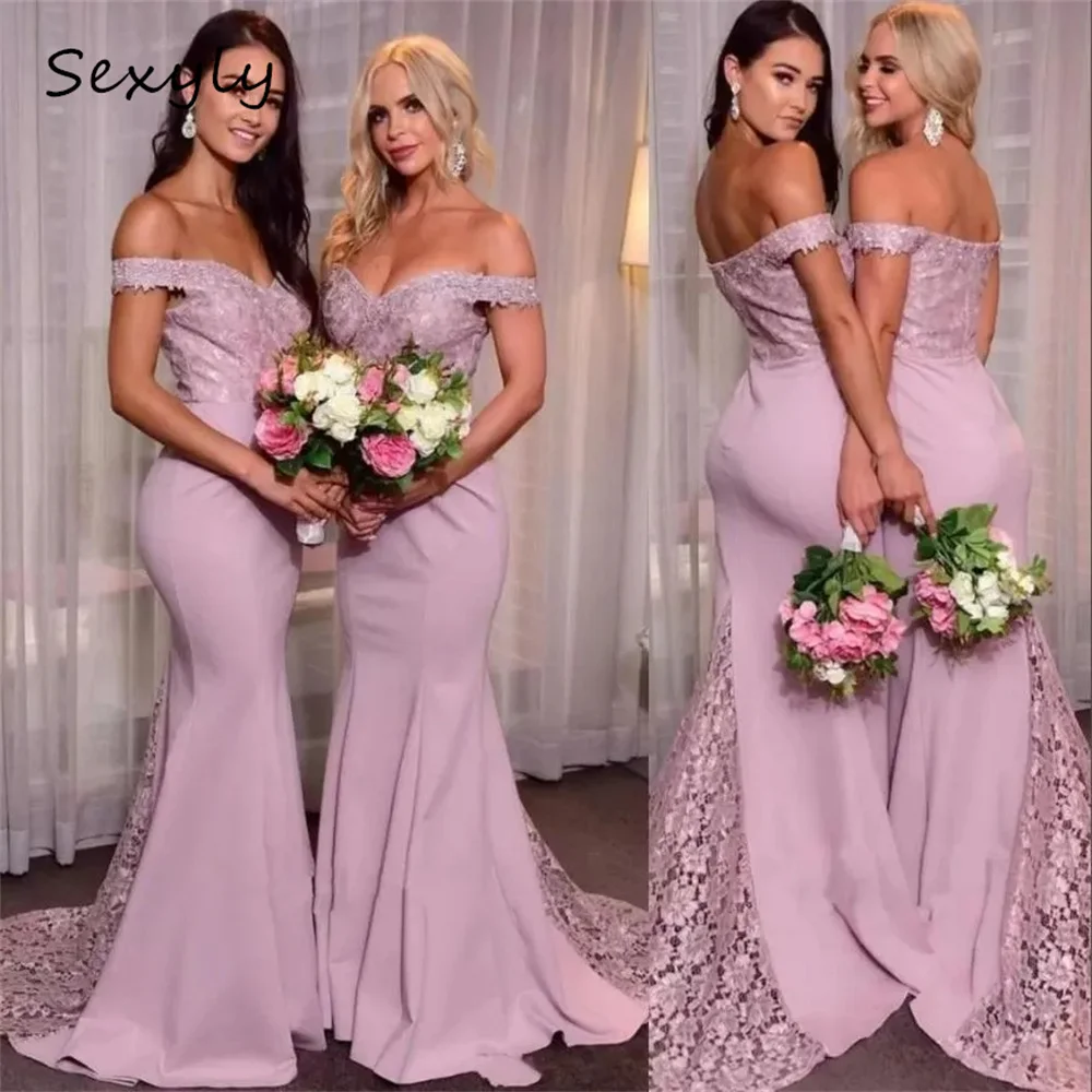 Элегантное платье подружки невесты в стиле Русалки 2023, розовое, с открытыми плечами, атласные кружевные платья подружек Невесты, Длинное платье для гостей на свадьбу, женское платье