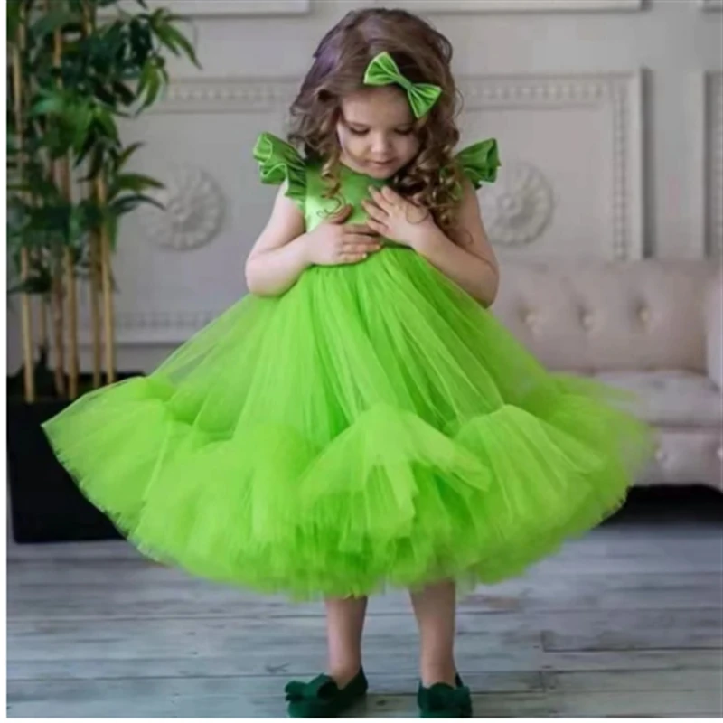 Элегантные зеленые платья с круглым вырезом и цветочным узором для девочек на свадьбу 2023, тюлевые платья-чепчики принцессы, пышные платья для вечеринки по случаю Дня рождения, Первого причастия