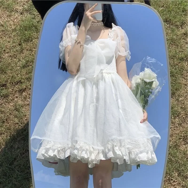Японское Милое платье Лолиты для девочек с пышными рукавами, Белое Платье принцессы-пачки Kawaii, Платье Феи Лолиты, Корейское Белое платье