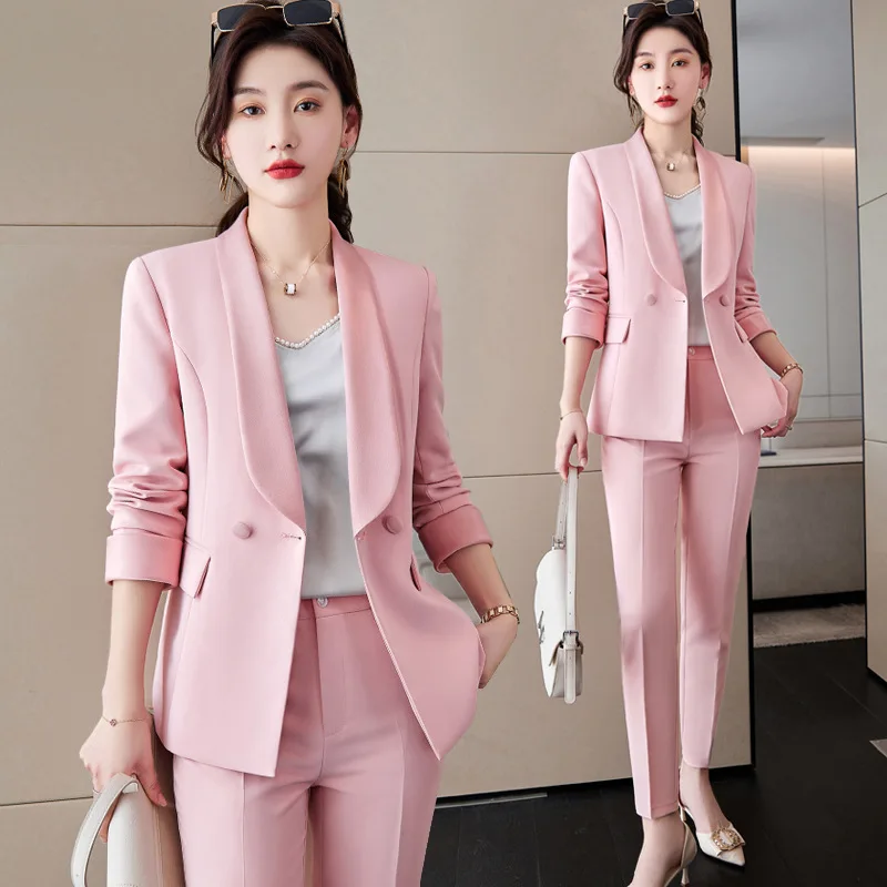 Женский весенне-осенний модный Розовый деловой костюм, Темперамент, стиль Богини, Официальный костюм, пиджак